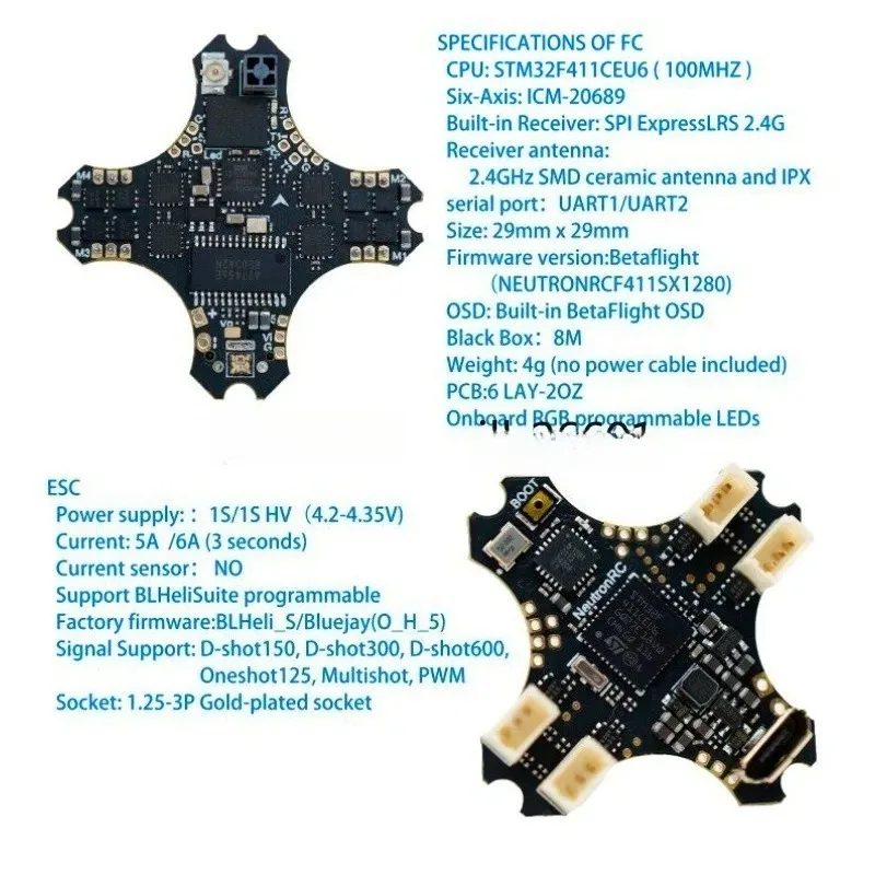 F4 1S 5A AIO Brushless Flight Controller, 2.4G Integrated Receiver All-in-One FC for Tiny Whoop FPV Drone
