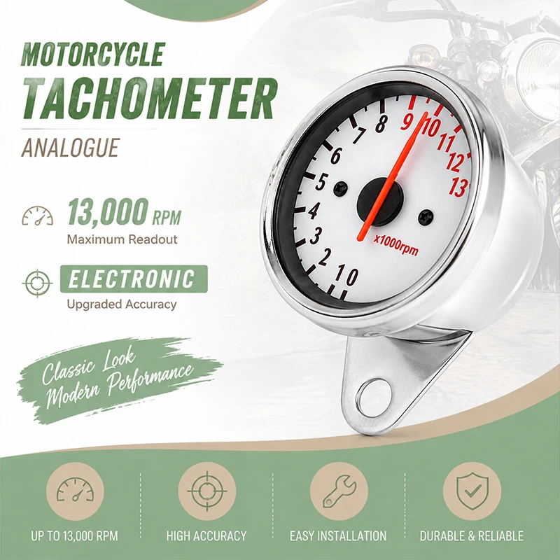 

Universal 13000 RPM Inductive Tachometer White Face Pointer RPM Meter Halogen Backlight Motorcycle