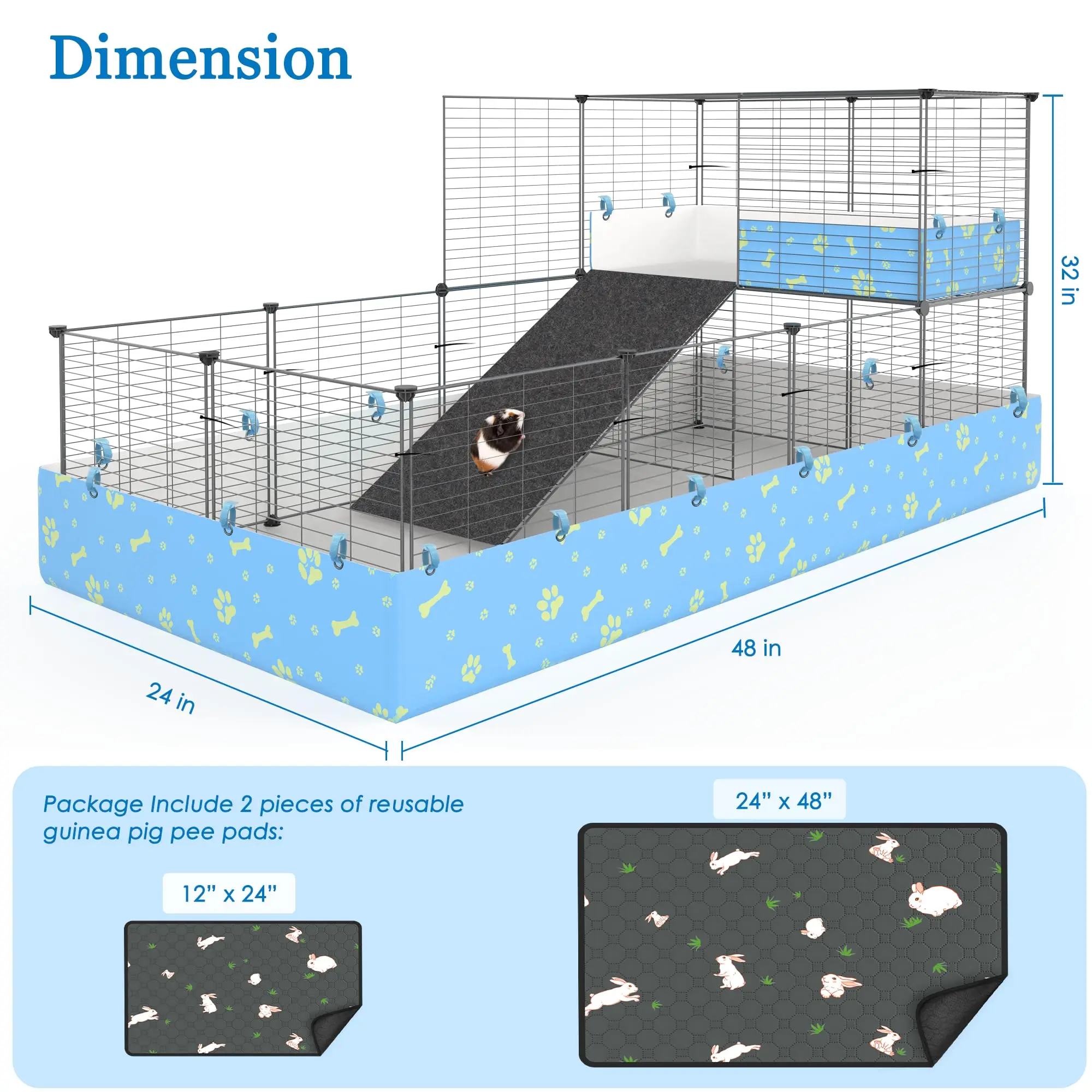 Guinea Pig Cages with Tarp and Bedding Pee Pad Liner, 2-Story Large Guinea Pig Playpen C&C Loft Cage for 2 Rabbit Bunny