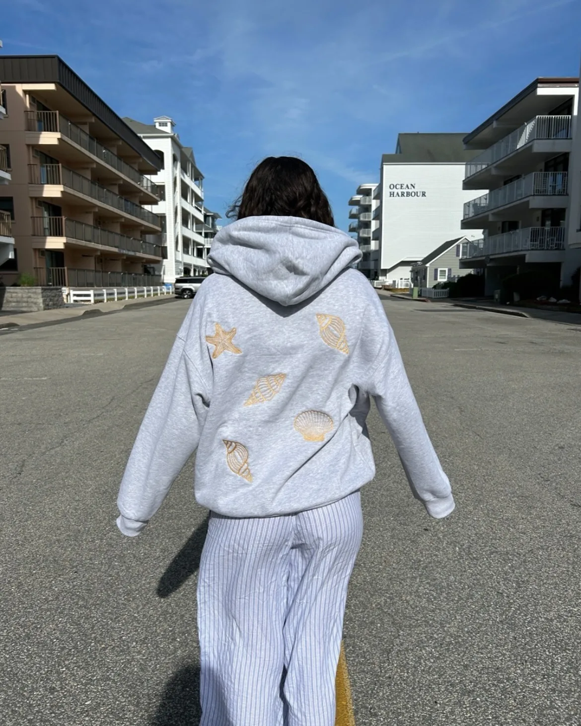 Women's Autumn Winter Velvet Embroidered Shell Pattern Hooded Patch Pocket Long Sleeve Sweatshirt