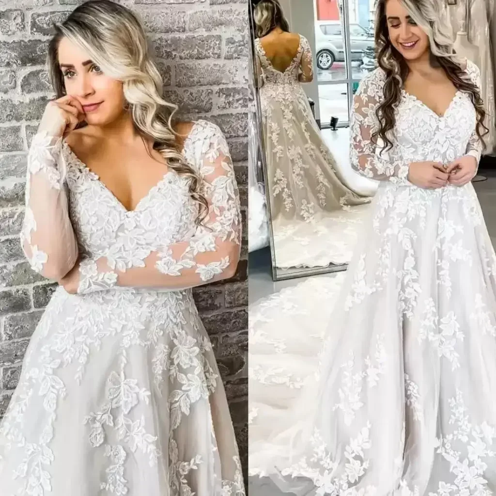 Customized Classic A-Line V Neck Lace Robe De Mariée Bridal Gowns Sweep Backless Plus Size Wedding Dresses
