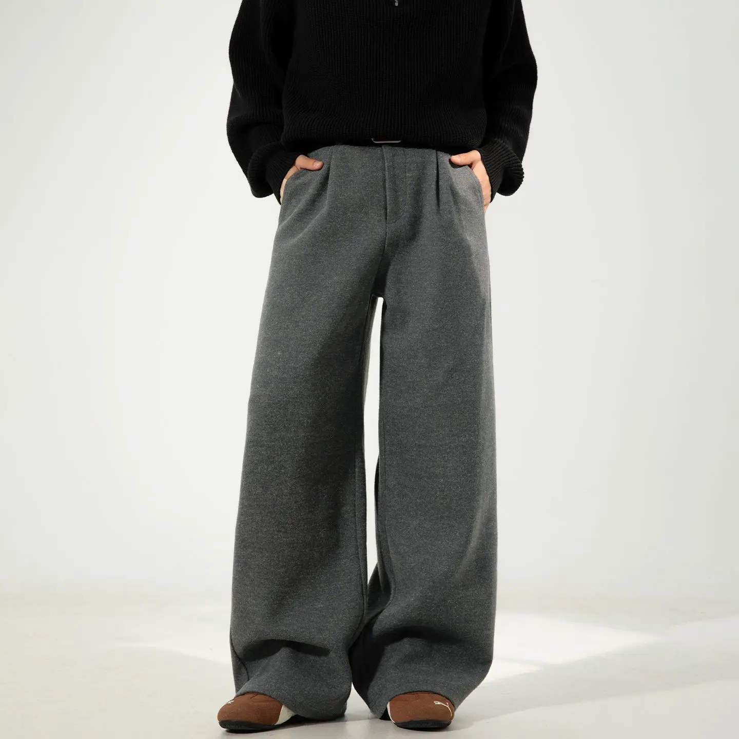 Autumn and Winter Heavyweight Textured Woolen Straight-leg Loose Pleated Men's Wide-leg Pants Y2K Korean Baggy Casual Trousers