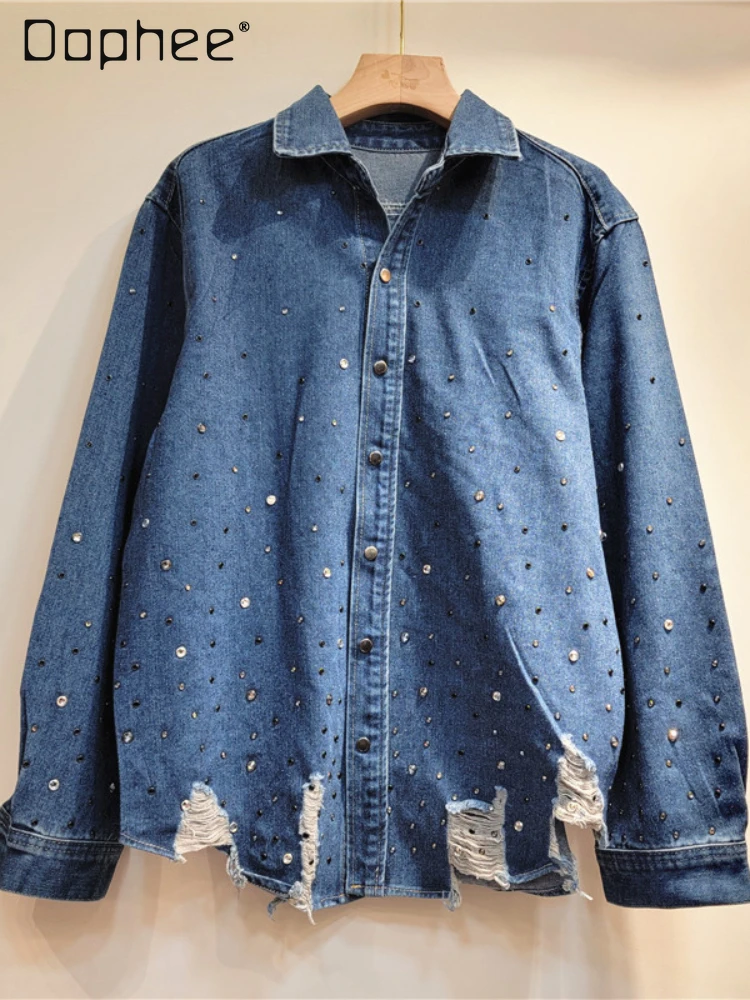 

American Retro Hot Drilling Ripped Denim Long-Sleeved Shirt for Women 2024 Spring Autumn All-Match Casual Loose Jacket Female