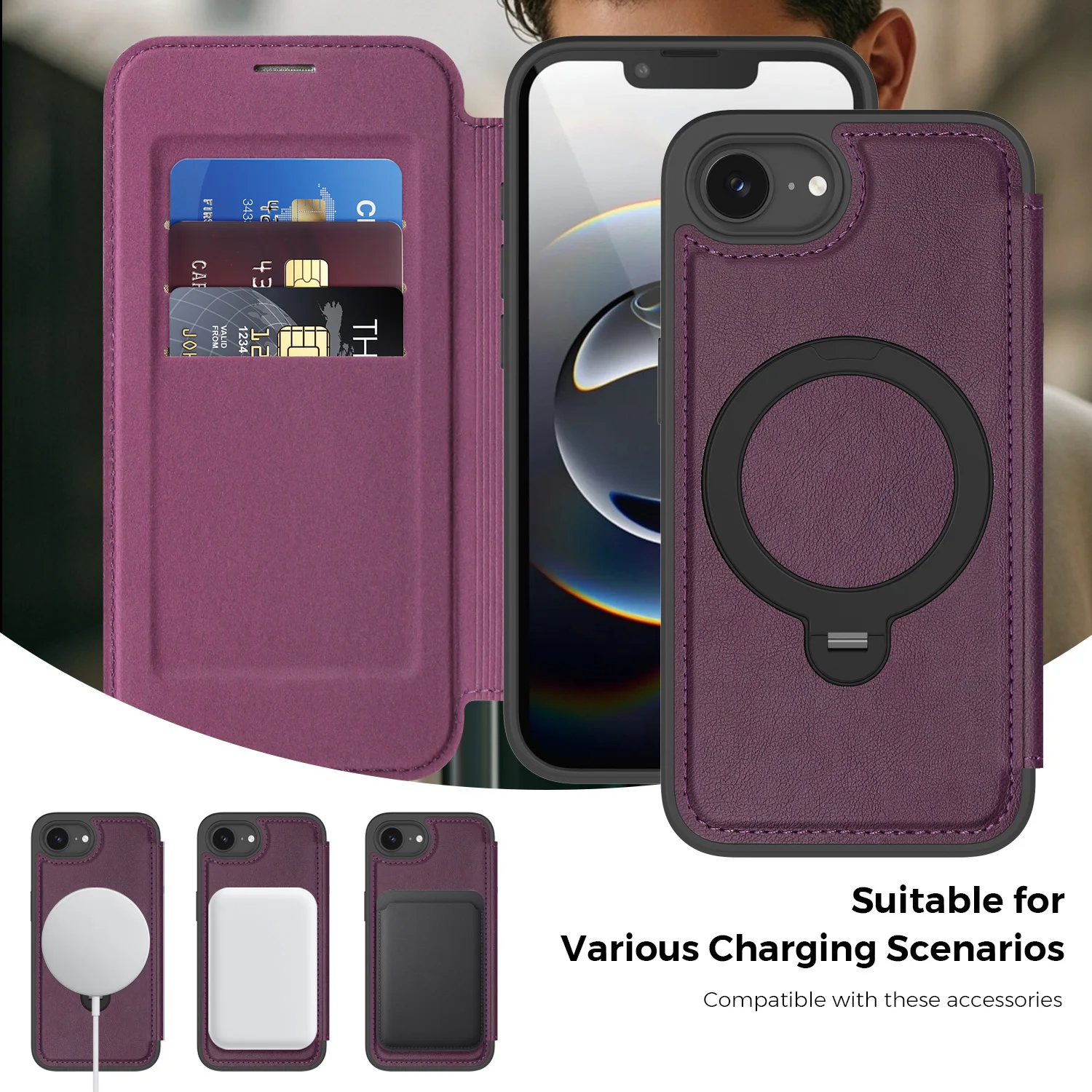 

Универсальный откидной чехол для iPhone 16E Magsafe 360 ° Вращающаяся подставка с тиснением из искусственной кожи, слот для карт, чехол для кармана для наличных