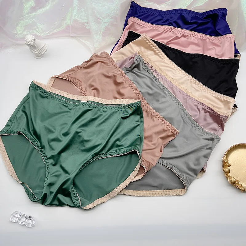 

1Pc Women's Panties Solid Color Ice Silk Seamless Underwear Soft Breathable Mid-waist Briefs Underpants Female Satin Lingerie