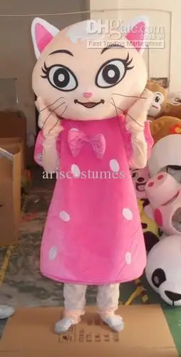 Nieuwe Volwassen Halloween Kerst Mooie Roze Kat Mascotte Fancy Cartoon Mascotte Kostuum Pluche Fancy Dress Mascotte Kostuum