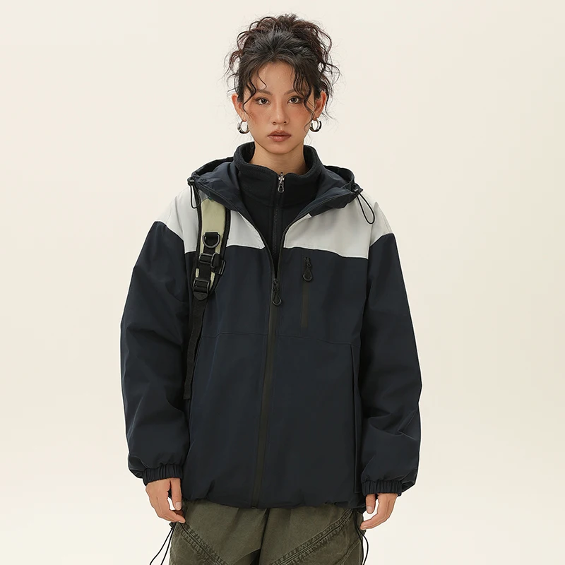 Couples Hiking Jacket Outdoor 3 In 1 Color Block Hooded Jacket Windproof Waterproof Diagonal Zipper Pockets Warm Fleece Coat