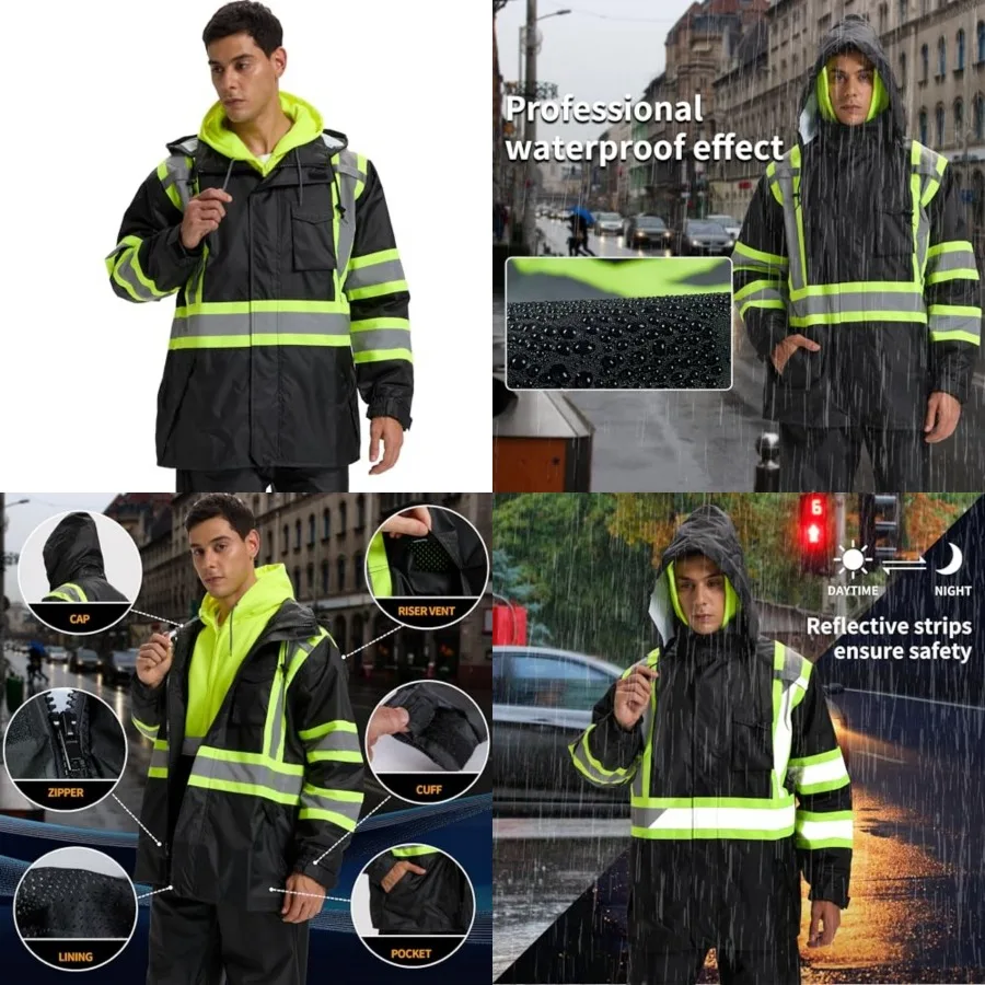 SRsafety High Visibility Rain Gear, Class 3 High Visibility Work Rain Gear for Men, Construction Rain Suits