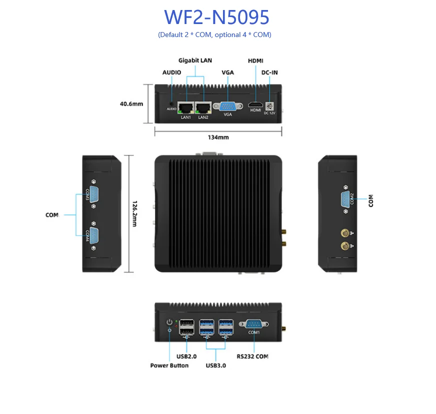 Industrial Incorporado Celeron Computador Mini PC, Dual Lan, Com RS232, Dual Display, Fanless, Ddr3, Ddr4, N2840, N2940, N5095