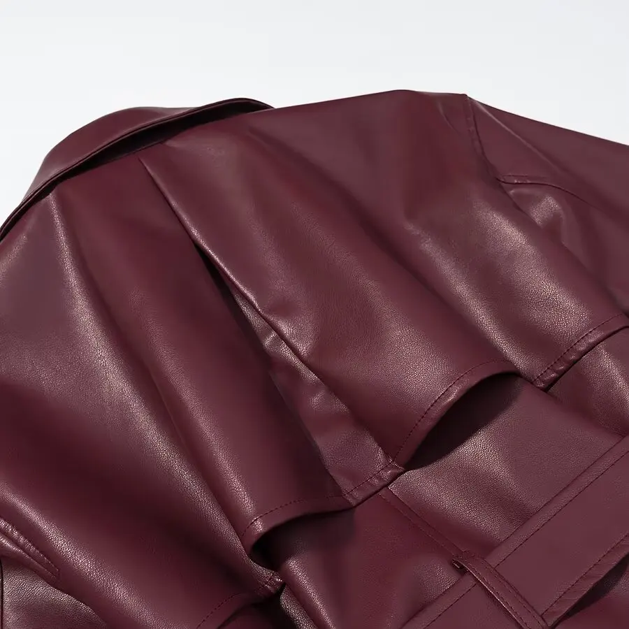 KASLEAD Nowa Damska Modna Długa Prosta Kurtka Skórzana do Noszenia na Co Dzień, Luźny Krój, Zimowa, z Włókna Poliestrowego