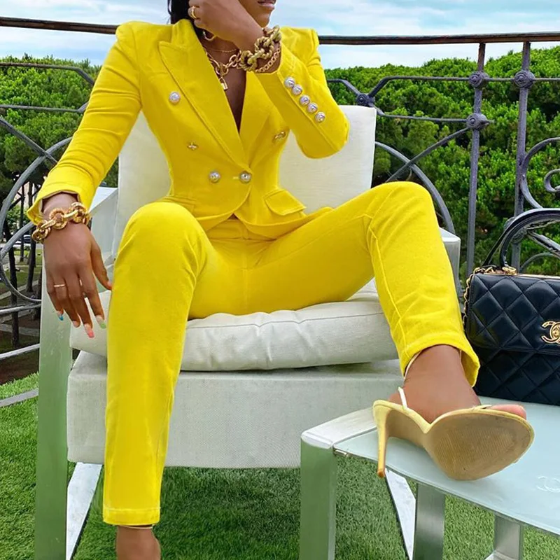 2023 Women Two Piece Suit Long Sleeve Coat And Pants Set Solid Color Blazer Single Button Yellow Blazers With Pants Sets Outfits