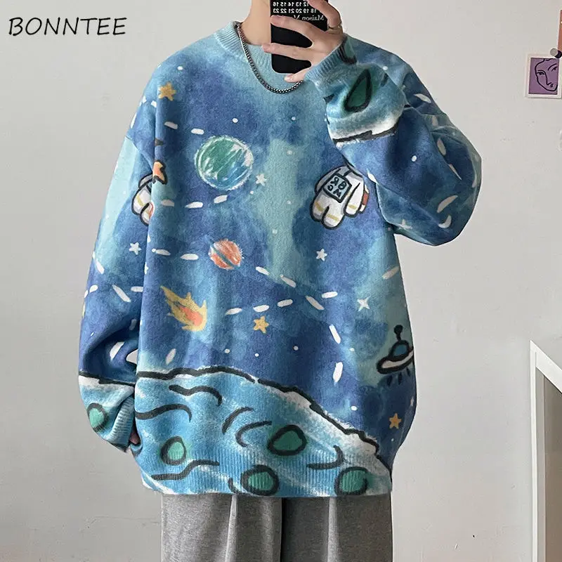 เสื้อสเวตเตอร์พิมพ์ลายสำหรับผู้ชายทรงหลวมเสื้อสเวตเตอร์ถักคู่แนวสตรีทฮิปฮอปแฟชั่นฤดูใบไม้ร่วงฤดูหนาว