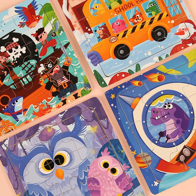 9 Stuks Montessori 3D Puzzel Houten Speelgoed voor Kinderen Cartoon Dier Voertuig Puzzel Educatief Speelgoed voor Kinderen