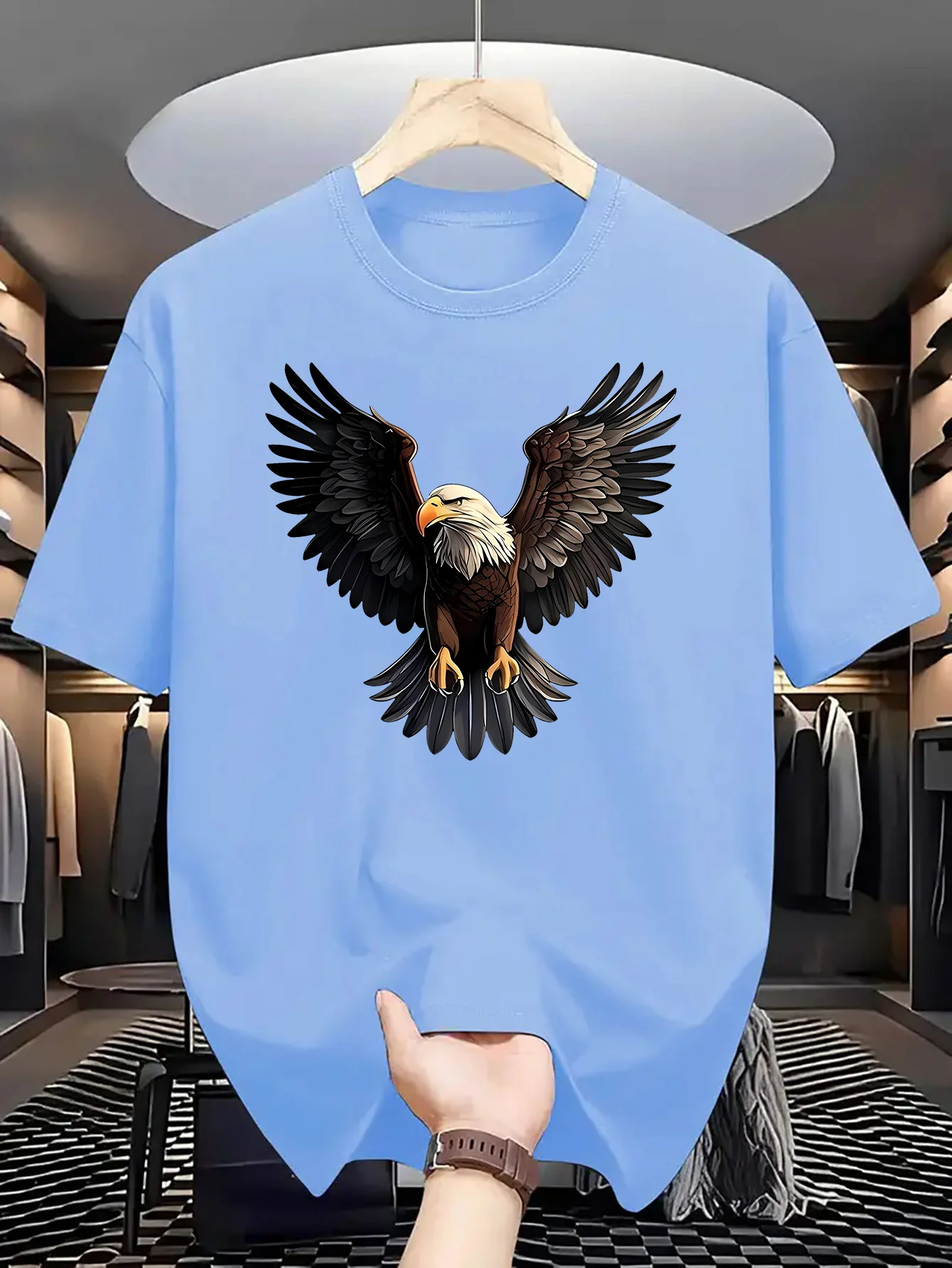 T-shirt d'été pour hommes, 100% pur coton, imprimé aigle de mer à poils blancs, décontracté, sportif, ample, col rond, manches courtes