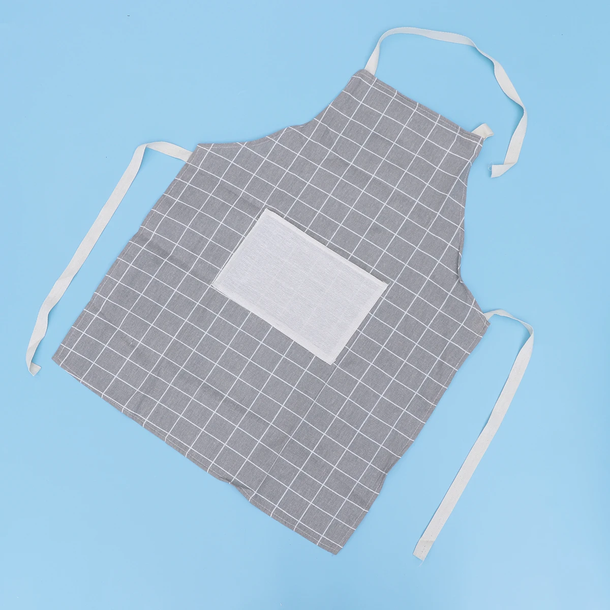 

Cotton and Linen Apron Oilproof Dirt Proof Cleaning Apron Hanging Neck Apron Kitchen Cooking Pinafore - Grey Grid (Beige+Grey)