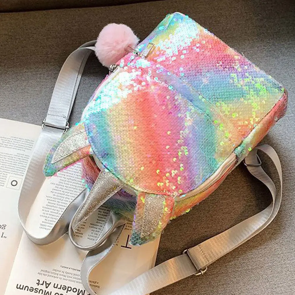 

Unicorn Kids Backpack for Girls Boys Colorful Sequin Design Lightweight School Bookbag with Soft Ball Charm Trendy Children Dual