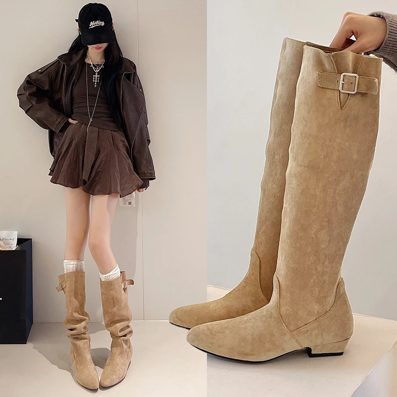 

Женские высокие сапоги с острым носком, замшевые дизайнерские туфли на каблуке, модные модельные зимние сапоги до колена, новинка 2025 года, сексуальные Botas Para Mujer