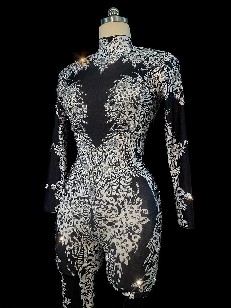 Mono negro de manga larga con adornos brillantes, traje con diamantes de imitación, ropa para celebración de noche, disfraz de baile de cumpleaños