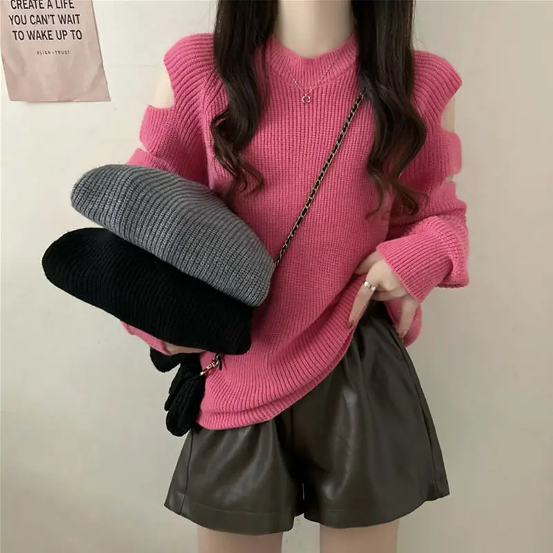 Off Shoulder High-end Sweater for Women Super Beautiful New Style with Hollowed Out Loose and Lazy Style Knit Sweater