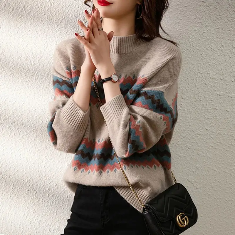 Korean Autumn/Winter Sweaters Women\'s Mock Neck Color Striped Patchwork Fashion Casual Loose Long Sleeve Pullovers Knitted Tops