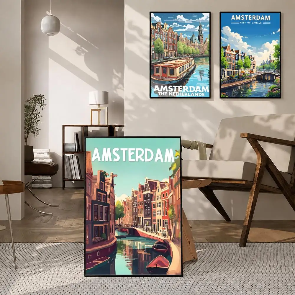Landmark Amsterdam Canal Poster Self‑Adhesive Waterproof PP Poster Coffee House Bar Wall Art Sticker Room Home Decor