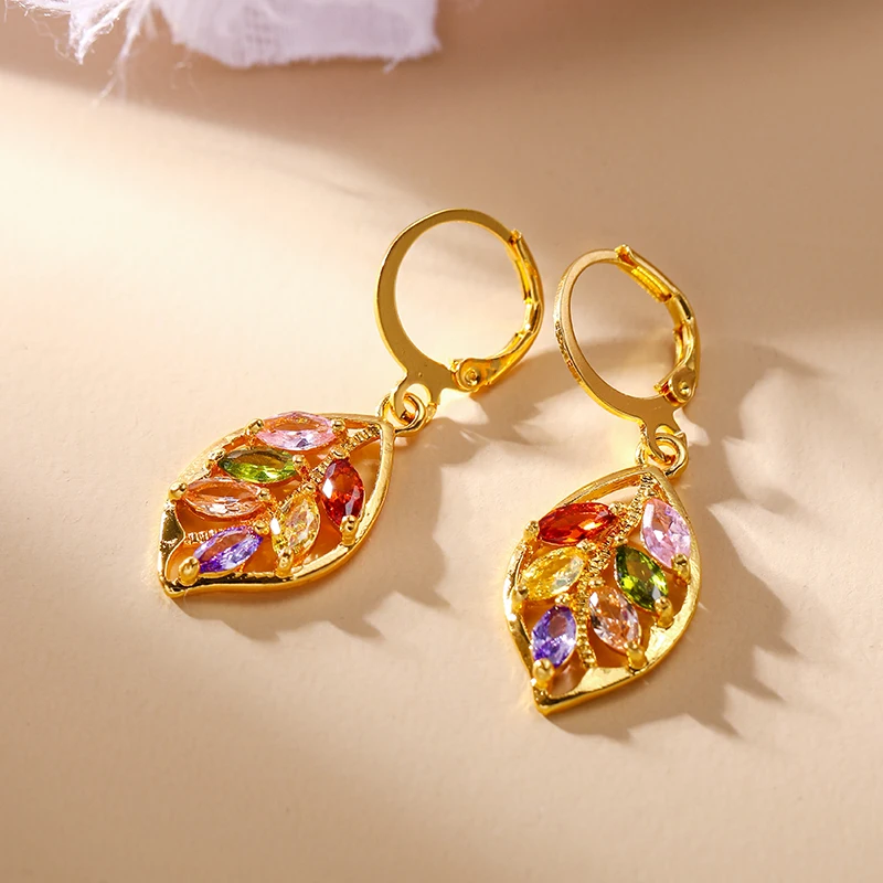 Women\'s Fashion Shiny Colorful Zircon Drop Earrings Multicolor Stone Leaf Rose Gold Color Charming Dangle Earring Wife Jewelry