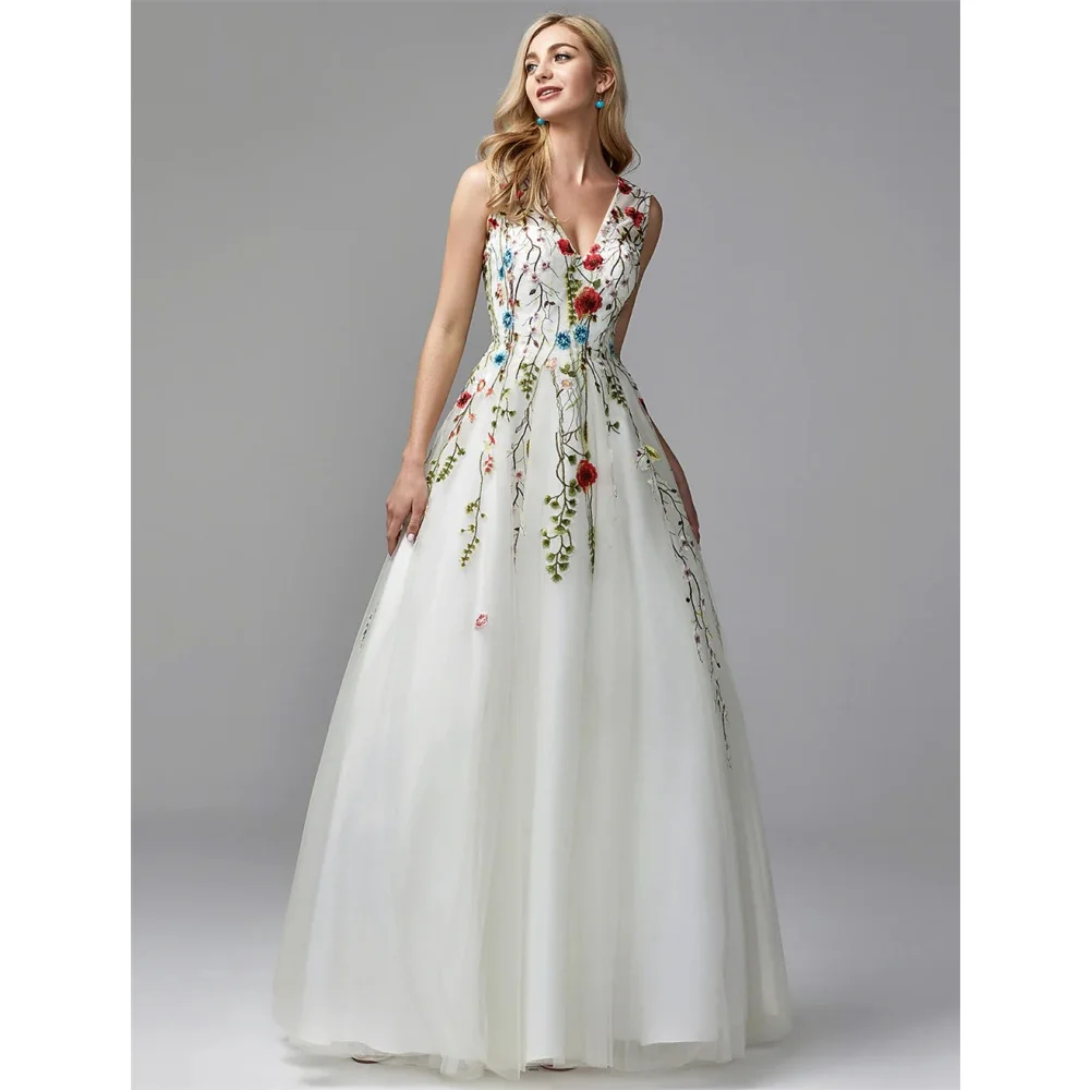 Sansa Elegant A-Line Floral Lace Porm Dress Customized Floor-Length Strapless Wedding Dresses Spaghetti Strap Vestidos De Fiesta
