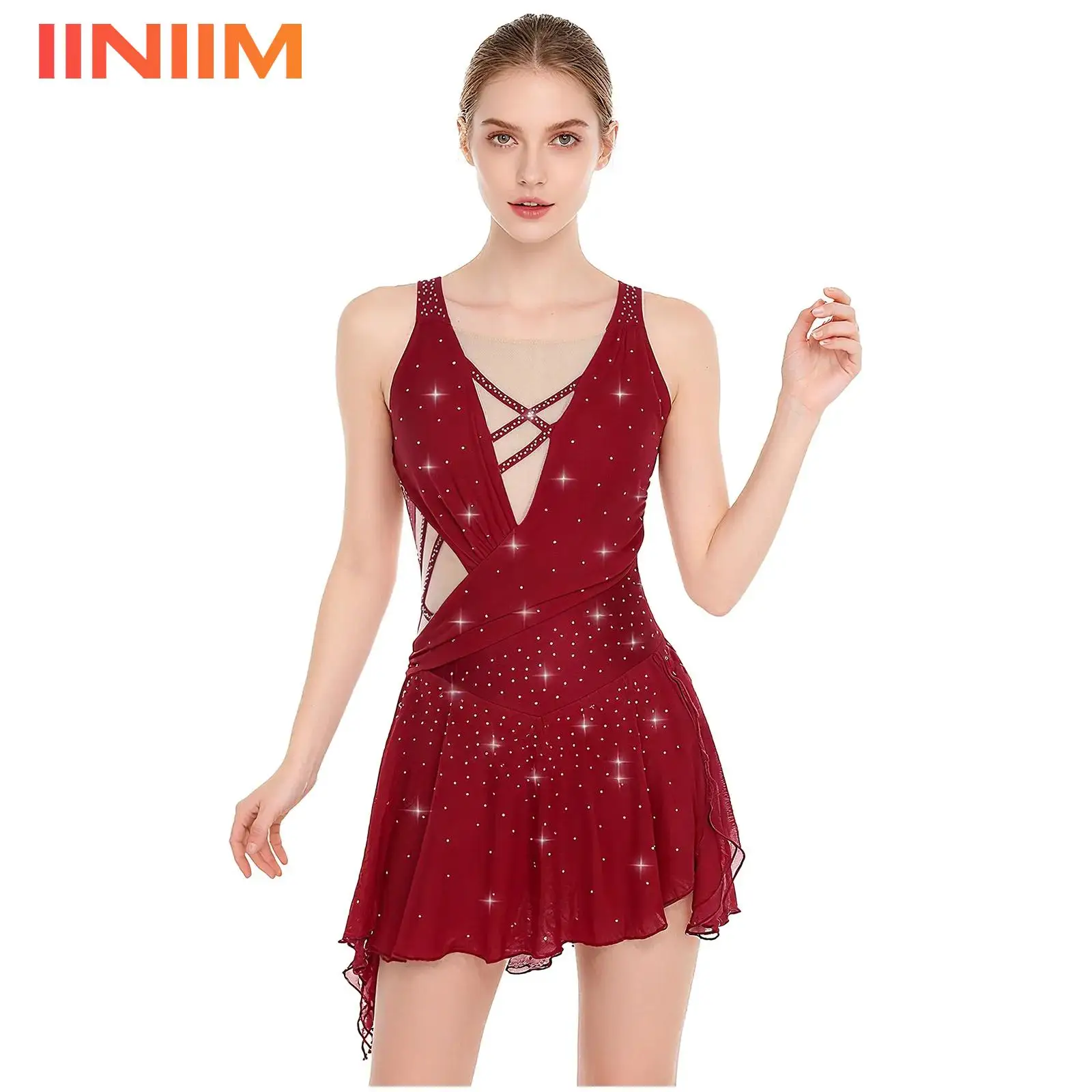 

Женский блестящий костюм для гимнастики и фигурного катания со стразами, балетное, лирическое, современное танцевальное платье-трико