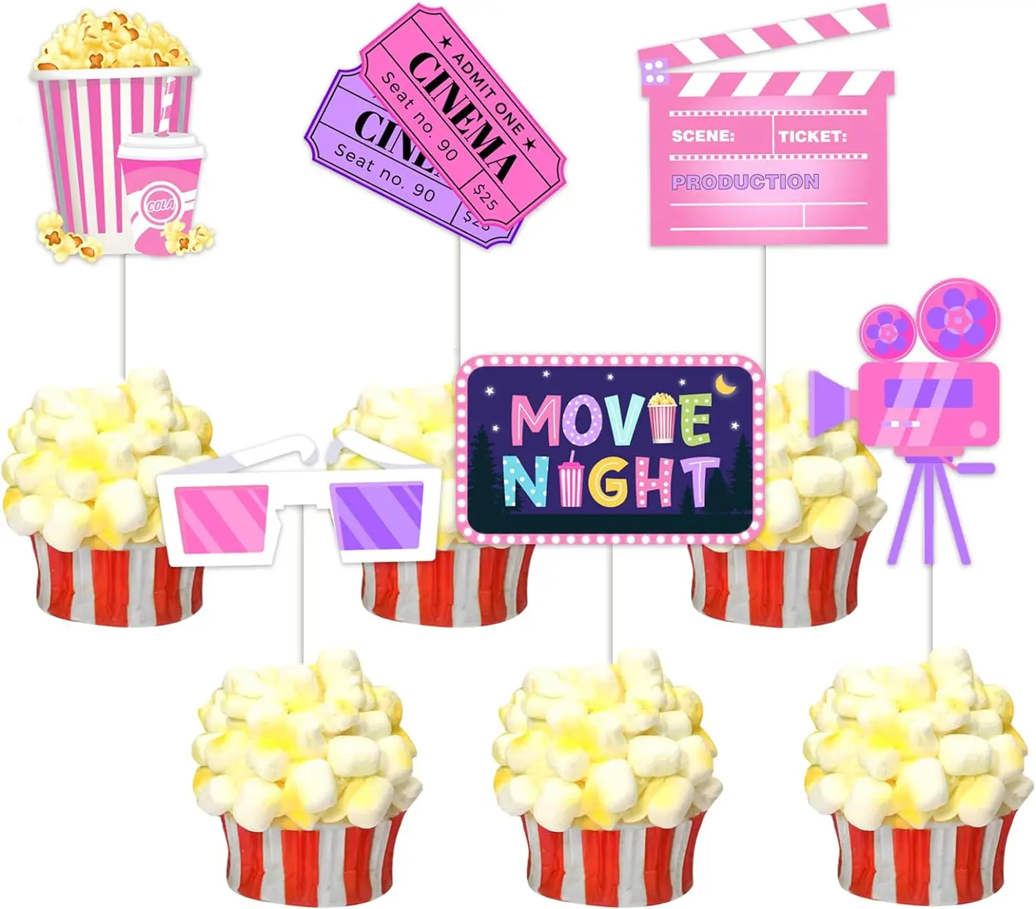 

Movie Night Cupcake Toppers Birthday Party Supplies Double Sided Paper Cinema Cake Decor Popcorn Baby Shower Decor