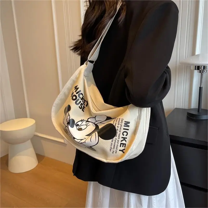 Disney\'s New Mickey Cartoon Canvas Bag for Women Large-capacity Shoulder Saddle Bag Student Class Cross-body Dumpling Bag