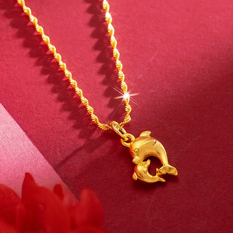 Pure Gold color Dolphin Shape Pendant Necklace for Women Wedding Birthday Party Necklaces Chains Fine Gifts Jewelry