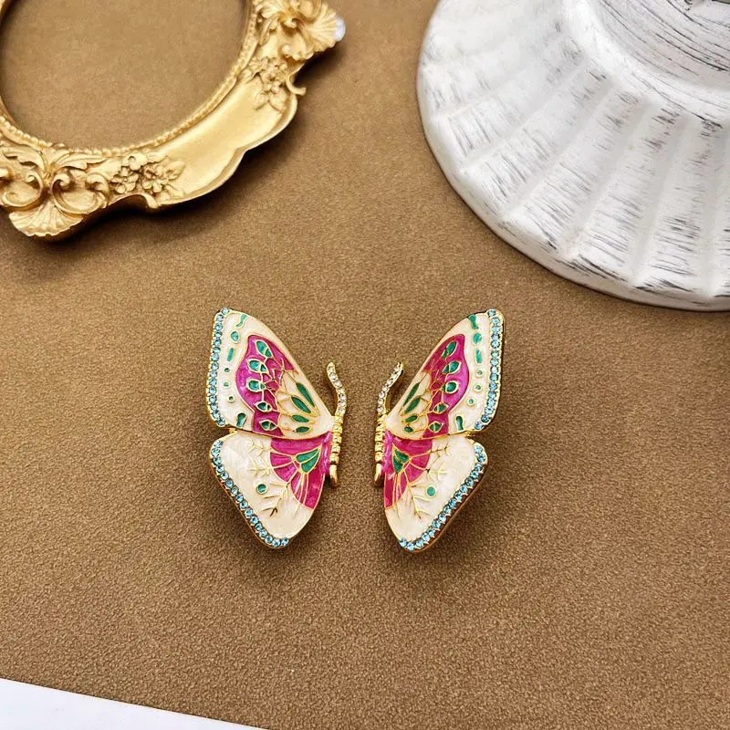 Hot Pink Colorful Butterfly Earrings Stud Polished Graffiti Enamel Oil Painting Accessories For Girls Female