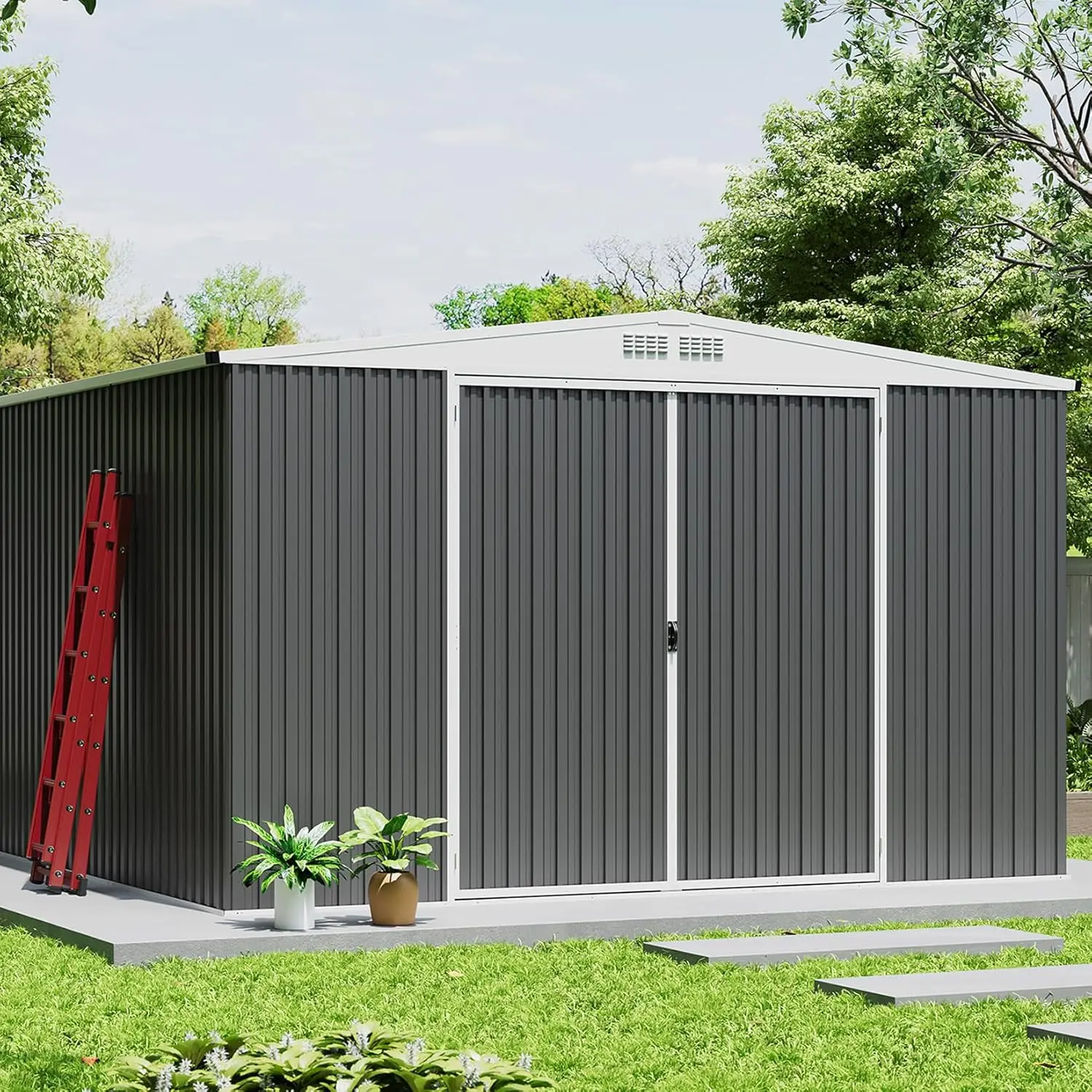 

10x10 Shed for Outdoor Storage, Galvanized Steel Metal Tool Sheds House with Lockable Doors, Lock & Air Vent, Large Utility