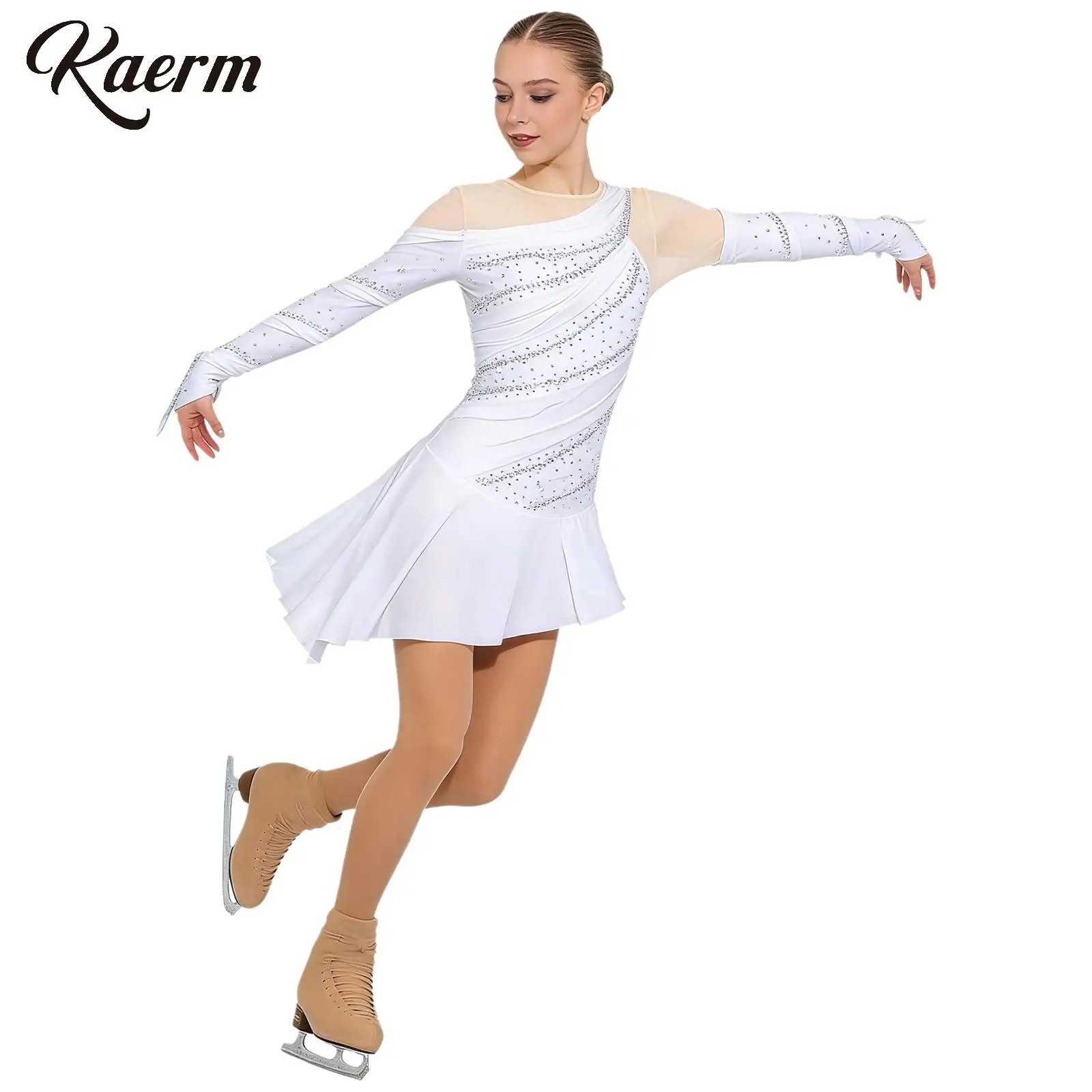 

Womens Rhinestones Mesh Figure Skating Ballet Jersey Leotard Dress Irregular Built-in Briefs Gymnastics Latin Lyrical Dancewear
