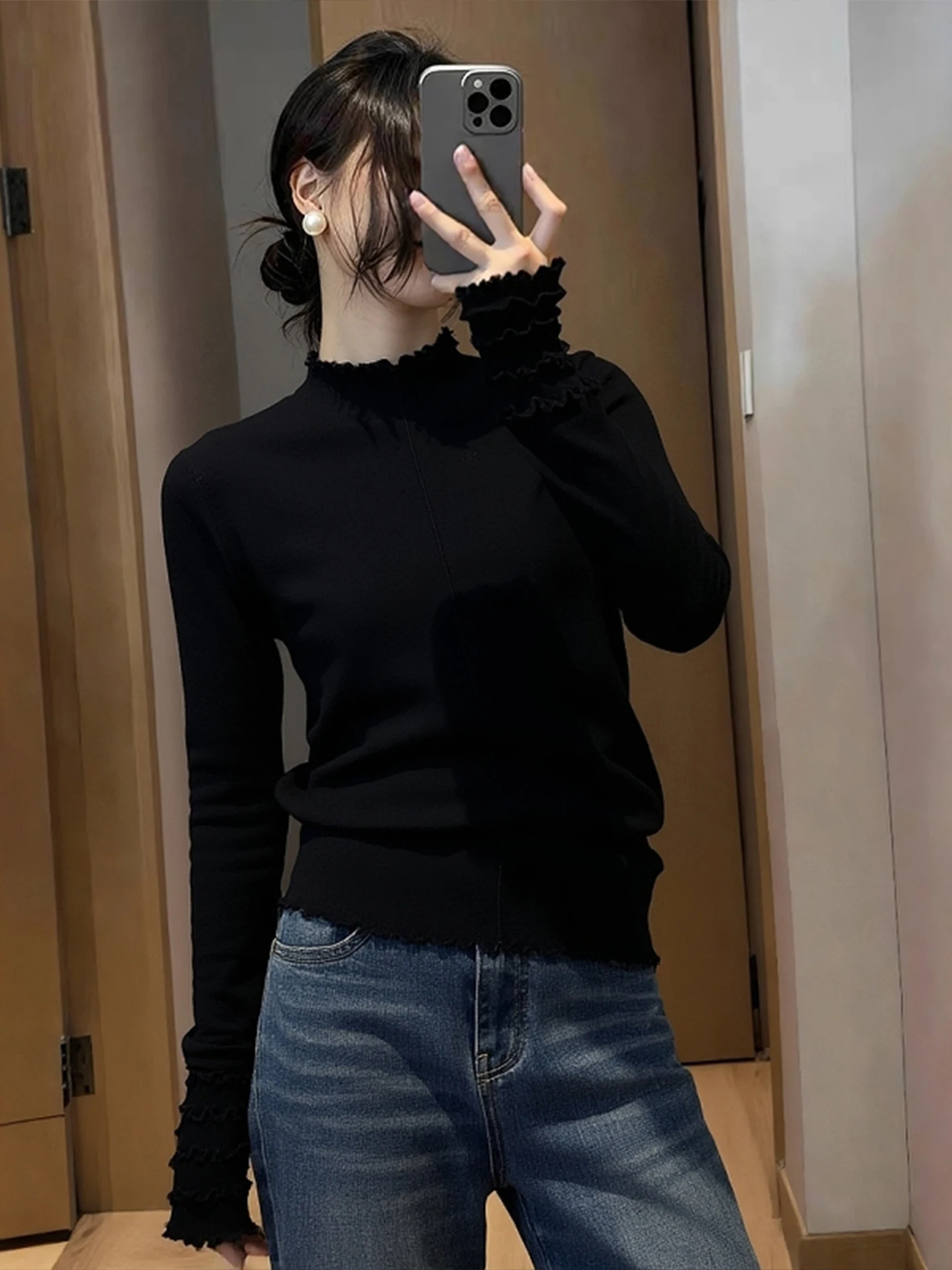 Korean Sle Comfortable Lace Knitwear Long Sve Women's Camere Faion Top Soft Cozy Winter New Arrival Poetic Lin