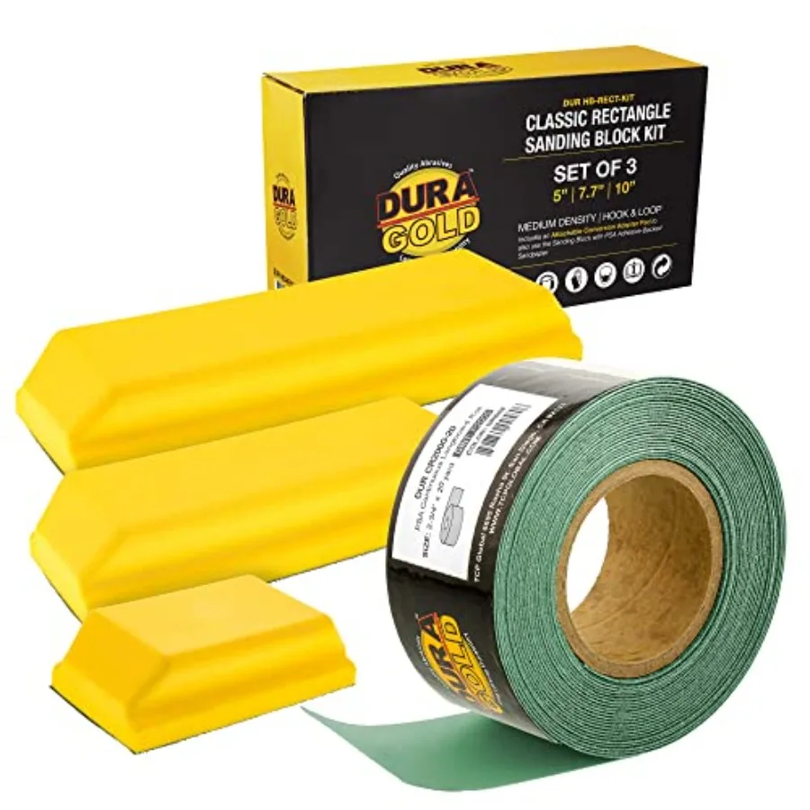 

Dura-Gold Pro Series Rectangle Hand Sanding Block Kit with 3 Blocks 5" 7-3/4" and 10" Set Hook and Loop Backing and PSA Adapter
