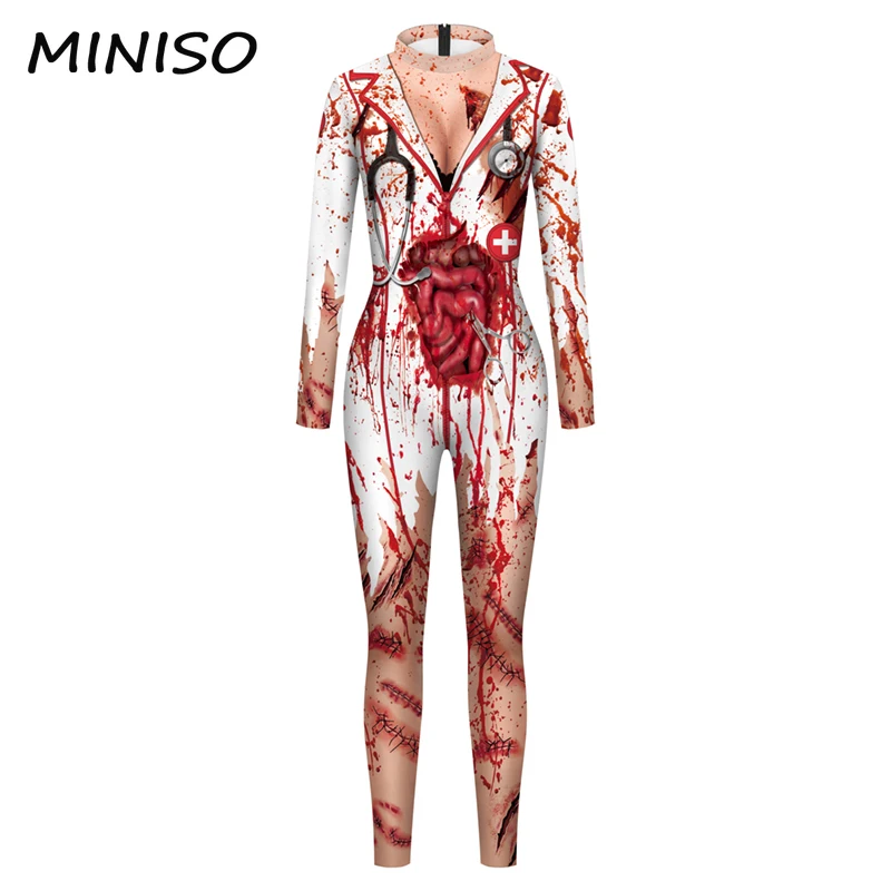 MINISO Halloween Cosplay Costume for Womem Doctor NurseHorror Blood Printed Jumpsuit Carnival Party Zentai Bodysuits Dress Up