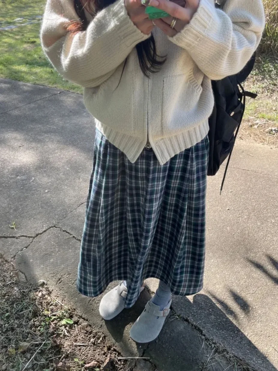 

Корейская клетчатая юбка миди в стиле ретро, эластичная плиссированная повседневная свободная юбка трапециевидной формы с высокой талией, новинка зимы