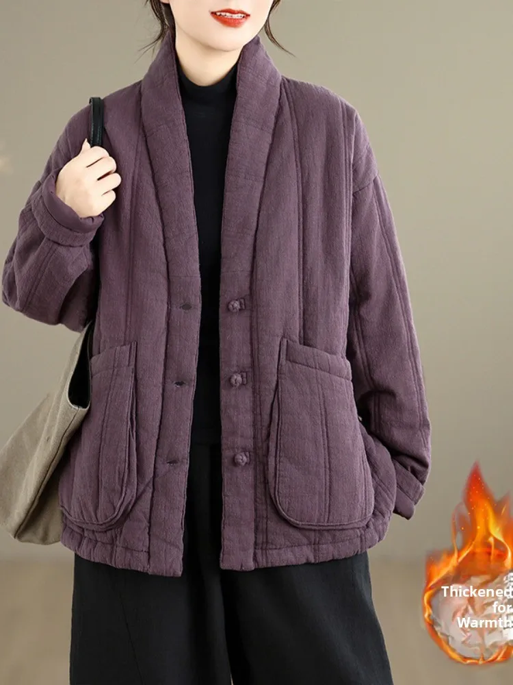 

Thickened Cotton Jacket Women's V-neck Tea Clothes Cotton Linen Vegetarian Coat Winter Outerwear Retro Style Long Sleeve
