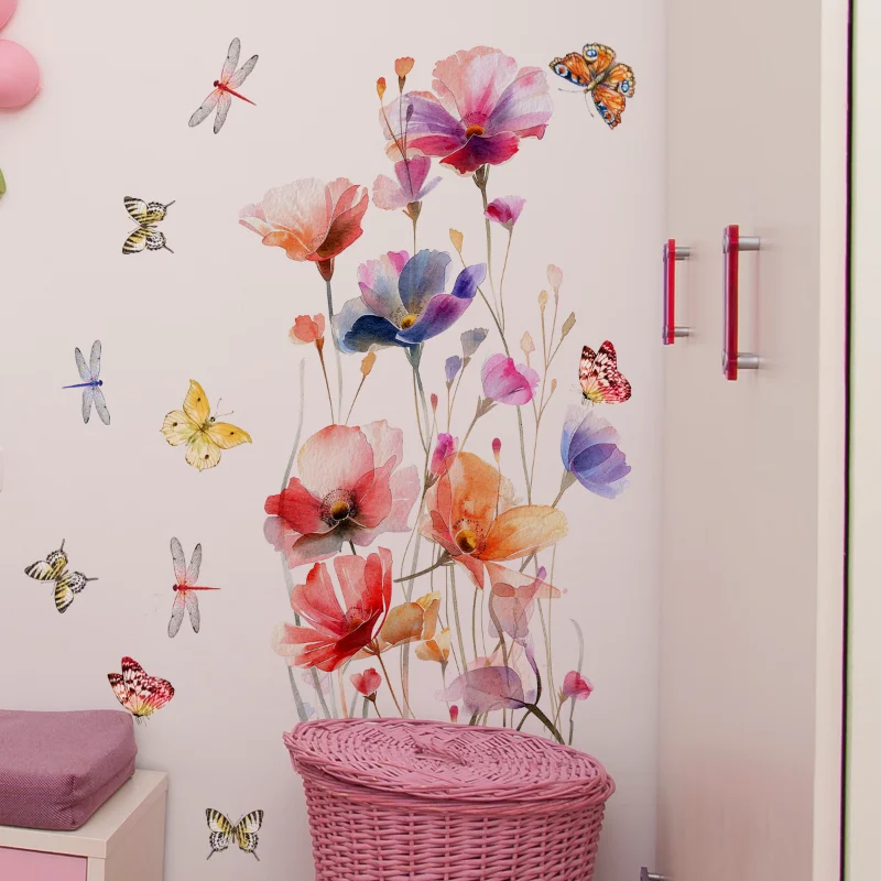 Watercolor Flowers Butterfly Wall Stickers For Living Room Background Decoration Mural Bathroom Home Decor Self-adhesive Decals