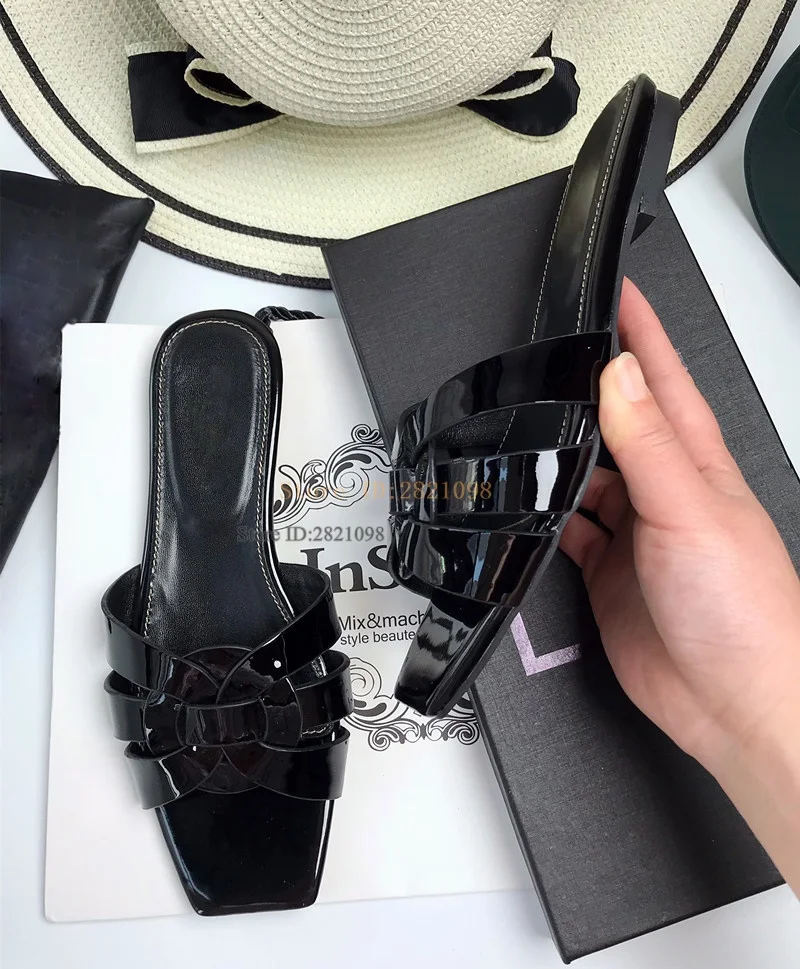 Bright Patent Leather Open Toe Knot Sandal Slipper Summer Slip On Shoes Women Beach Slide Shoes Calf Leather Tribute Flats