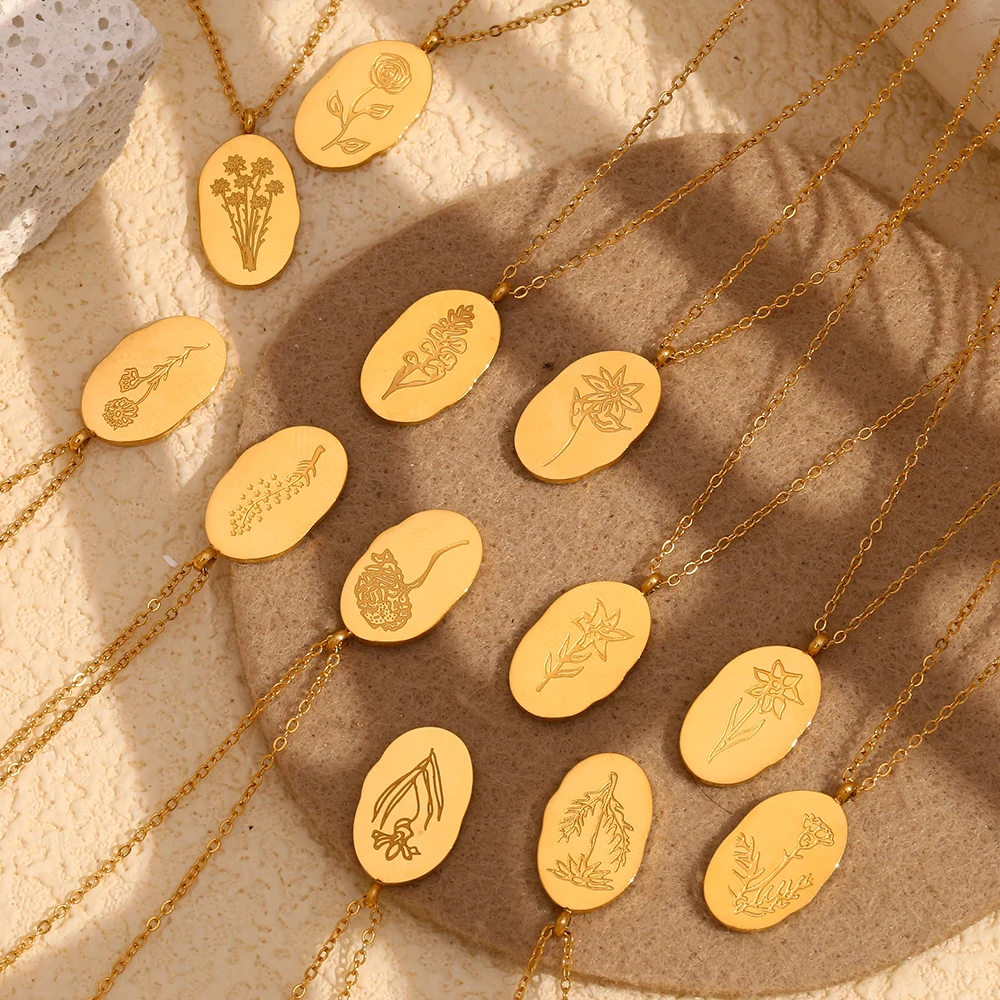 E.B.belle Unique Tarnish Free Irregular 12 Months Flower Pendant Necklace Stainless Steel Gold Plated Birthstone Necklace Gifts