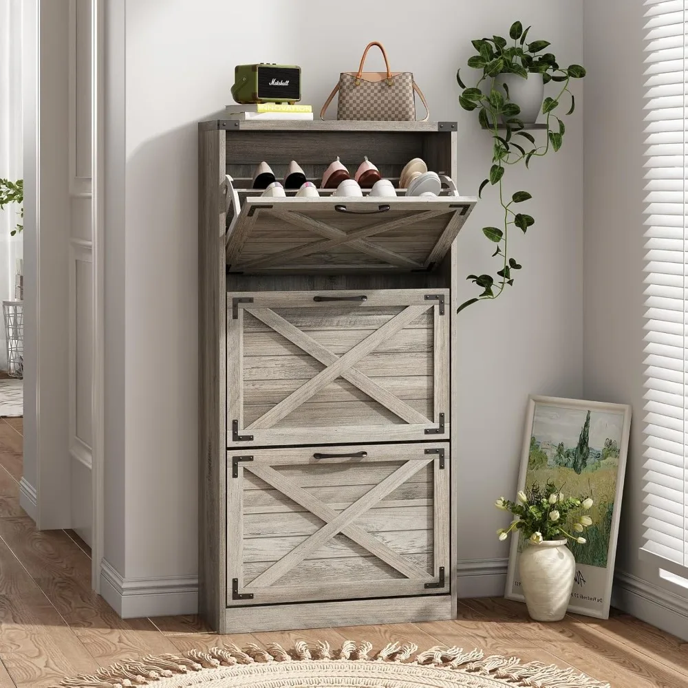 

24" W Farmhouse Shoe Cabinet Storage for Entryway, Freestanding Organizer with 3 Flip Drawers, Narrow Shoe Rack Cabinet