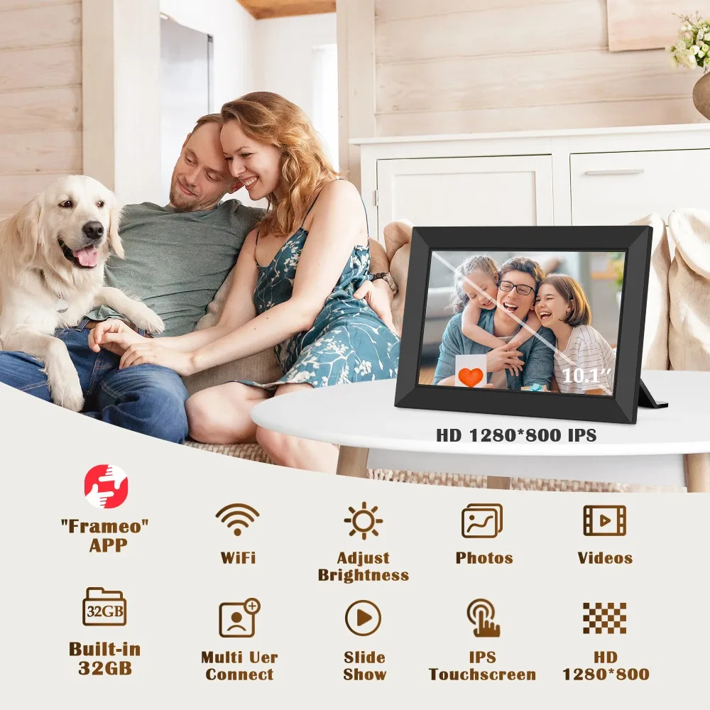 10.1 بوصة الذكية واي فاي إطار صور رقمي 32G FRAMEO 1280x800 IPS LCD تعمل باللمس تلقائي تدوير مشاركة على الفور هدية الكريسماس