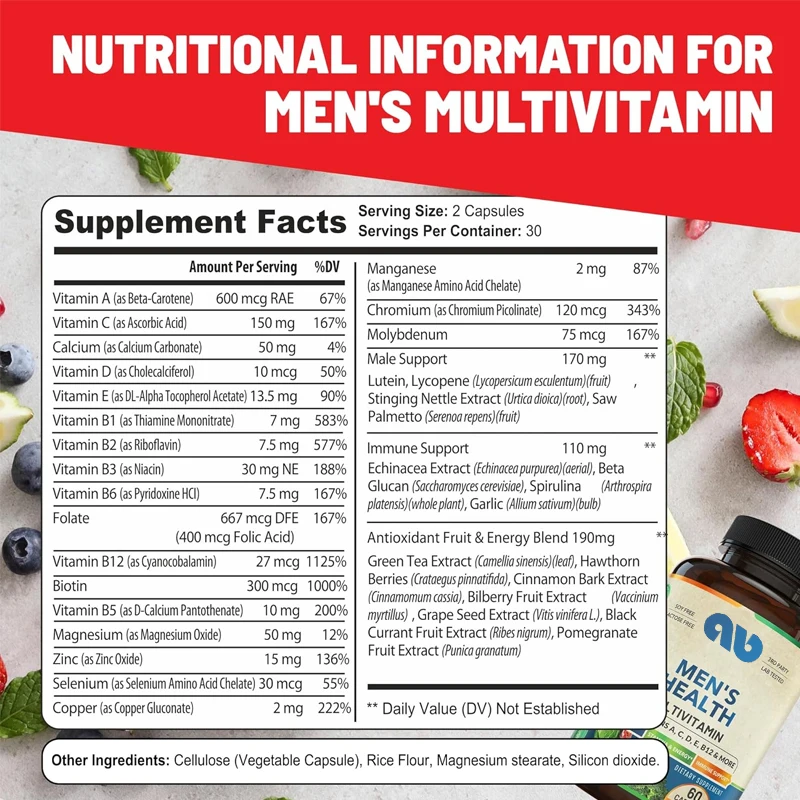 Men's daily multivitamin and multi mineral supplements, containing over 30 nutrients, fruits, and energy blends