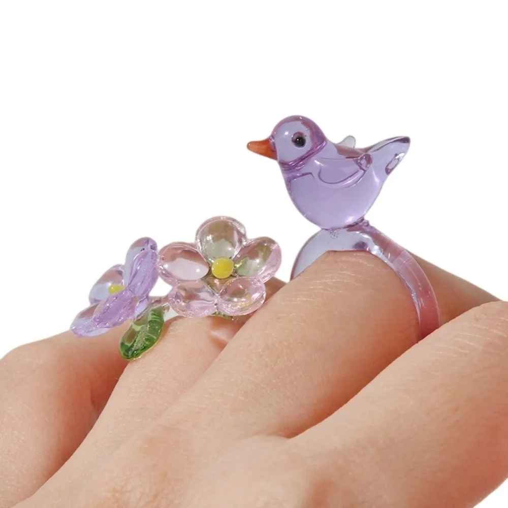 Fashion Handmade Glass Bird Ring Cute Exquisite Flowers Finger Ring Vintage Childishness Coloured Glaze Ring Vacation