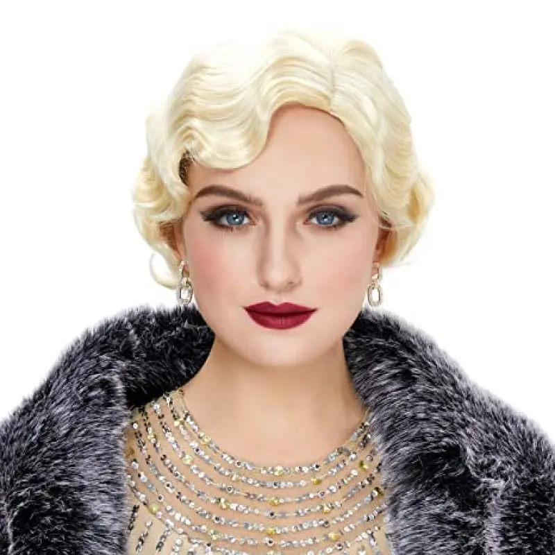 Gatsby วิกผมผู้หญิง1920S Flapper ผมเป็นลอนพร้อมแถบคาดศีรษะนิ้วมือหยัก Vintage Blonde วิกผมฮาโลวีน Party ชุดคอสเพลย์ผู้หญิง