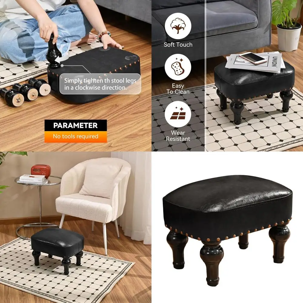 

Rustic Wooden Ottoman Footrest, Small Rectangular Seat for Home & Office (Black)