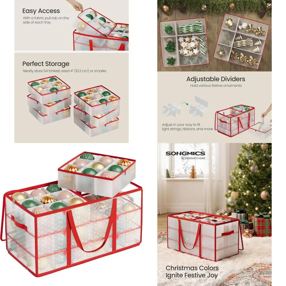 

4-Inch 54-Slot Plastic Christmas Ornament Storage Box with Lid, Dual Zippers, 6 Trays, and Side Handles in Cherry Red