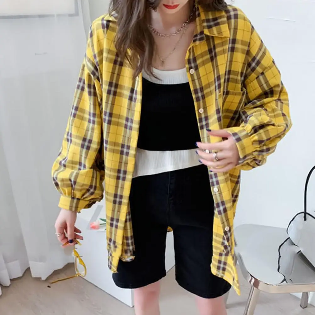 

Polyester Women Shirt Breathable Women Shirt Plaid Shirt for Women Stylish Turn-down Collar Loose Fit Autumn Top for Office